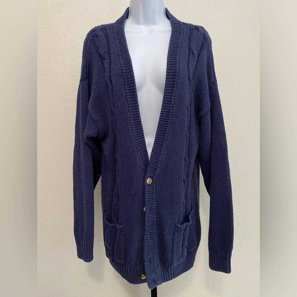 Vintage Women’s Chunky Cableknit Cardigan M Navy Fisherman Cottagecore Cabincore